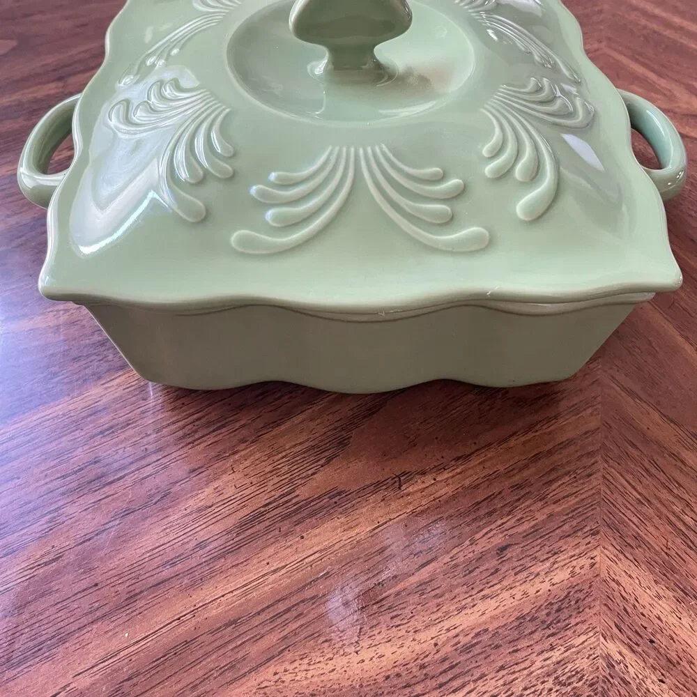 Pier 1 Talavera 2 Qt Stoneware With Lid Scalloped Sage Green Square
